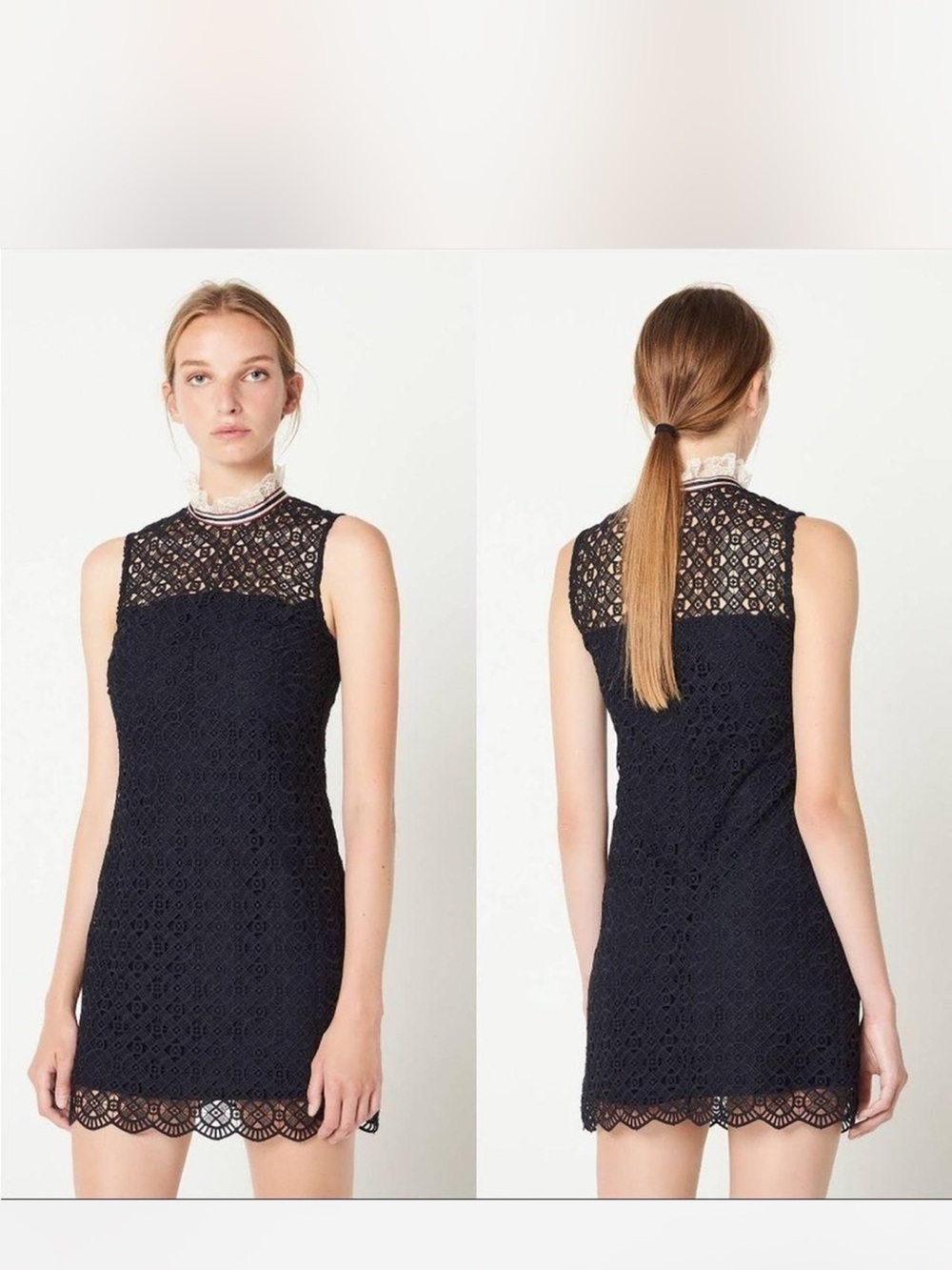Sandro Navy Blue Mini Lace Dress with Trim on the Collar